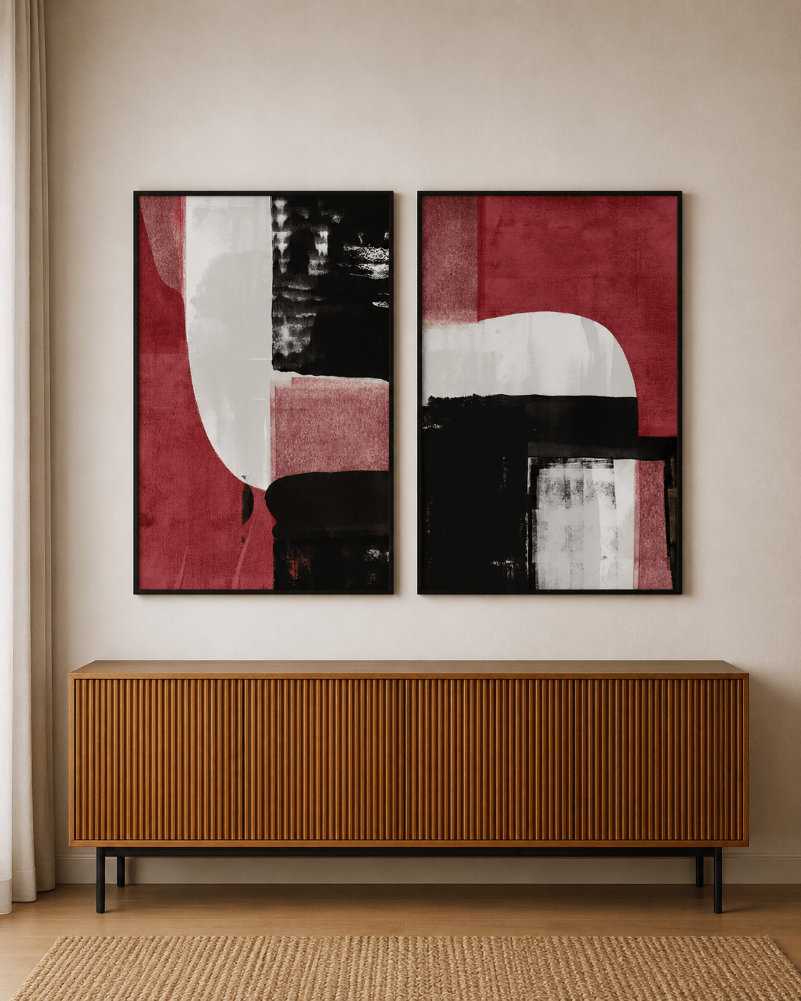 KIT 2 QUADROS DECORATIVOS -  ABSTRATO PRETO E VERMELHO